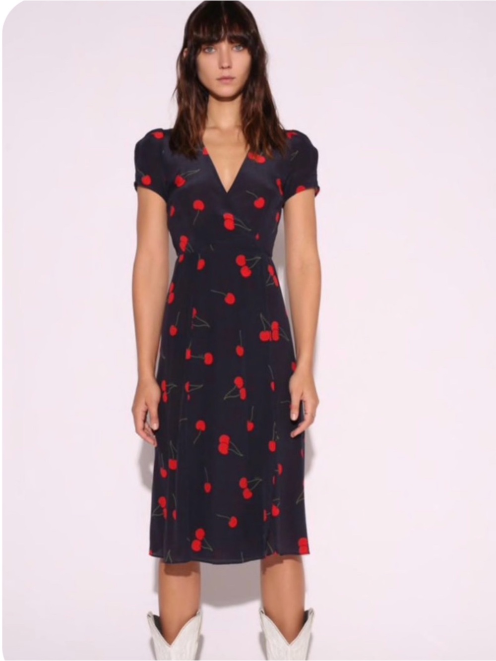 Realisation Par Navy Cherry Print 100% Silk Wrap Midi Dress XS